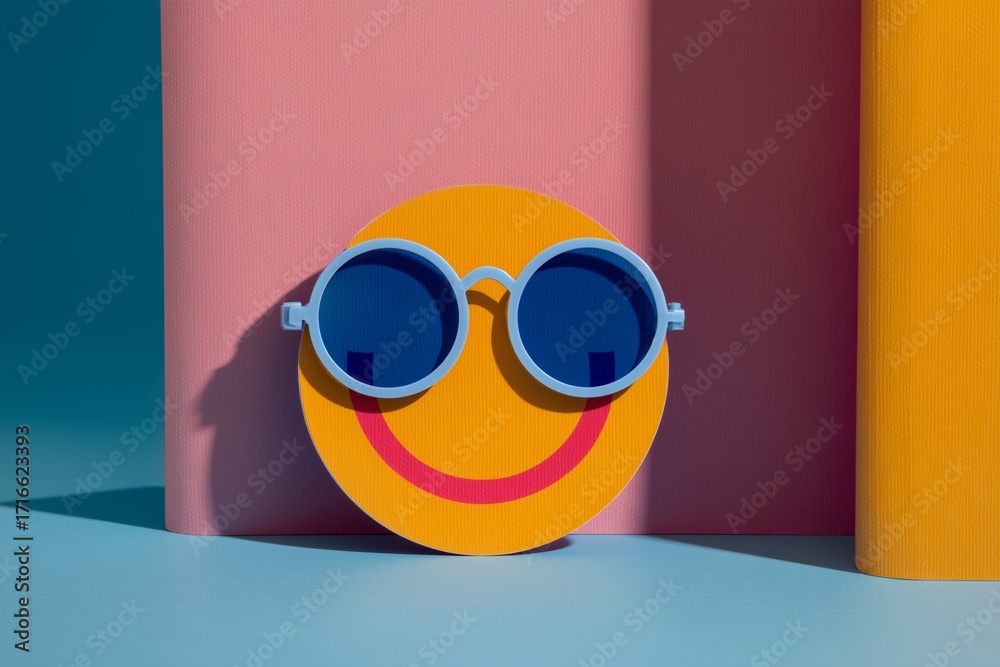 Fototapeta premium Yellow smiley face with sunglasses on colorful background