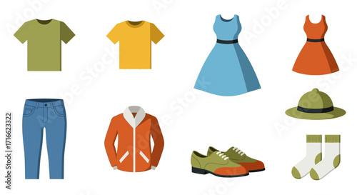Collection of Colorful Clothing Items - T-shirts, Dresses, Pants, Jacket, Shoes, Hat, and Socks.