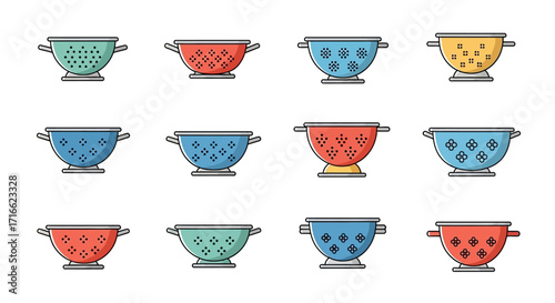 Collection of Colorful Colanders with Diverse Perforated Patterns.