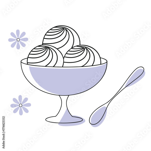 Ice Cream Sundae in a Bowl with a Spoon and Flowers Keywords: ice cream, sundae, bowl, spoon
