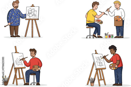 Cartoon artists painting on canvas, creative people drawing art, painter with brush and palette, art studio, painting workshop illustration