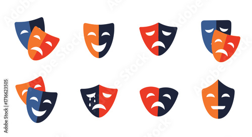 Collection of Colorful Theatrical Masks Representing Joy and Sadness.