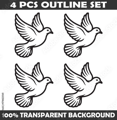 Set of Dove Outline vector illustration isolated On Transparent Background