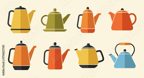 Collection of Eight Colorful Flat Design Teapots with Various Shapes and Styles.