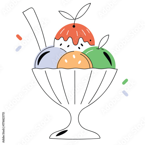 Ice Cream Sundae with Multiple Flavors and Colorful Sprinkles Keywords: ice cream, sundae, bowl