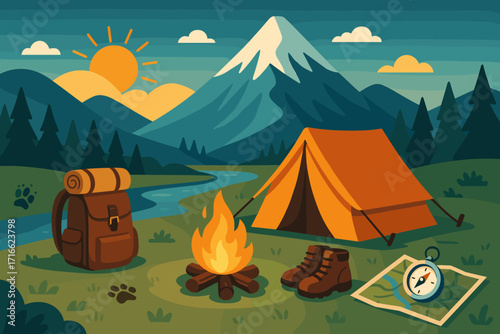 A scene of camping in the mountains against a natural landscape. Style: Bright, illustrated design with warm and natural colors.