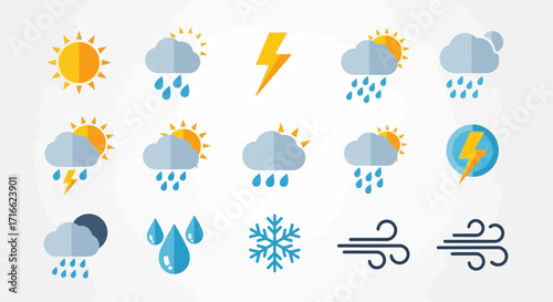 Collection of Flat Design Weather Icons Representing Diverse Meteorological Conditions.