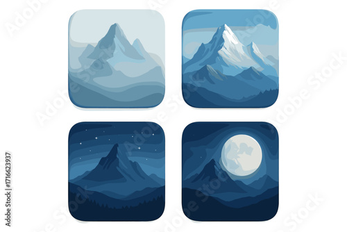 A set of 2D icons in the form of square frames depicting mountains in various atmospheric conditions. A set for design, icons, or illustrations on the theme of “nature, night, and mountains.”