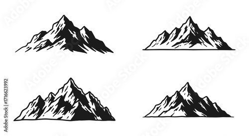Simple black and white illustration of four distinct mountain peaks