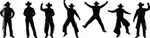 Cowboy silhouette set in expressive poses, black and white illustration, western dance and motion concept, boots and hats, white background