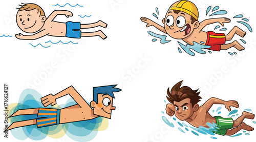 Cartoon boys swimming in pool water, kids training, water sports, healthy lifestyle, swimming exercise, summer fun, aquatic activity illustration