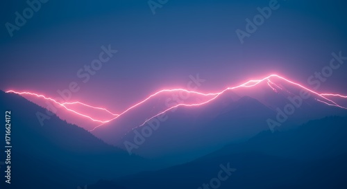 Cosmic Ridge: A Mountain Peak Illuminated by Pink Lightning