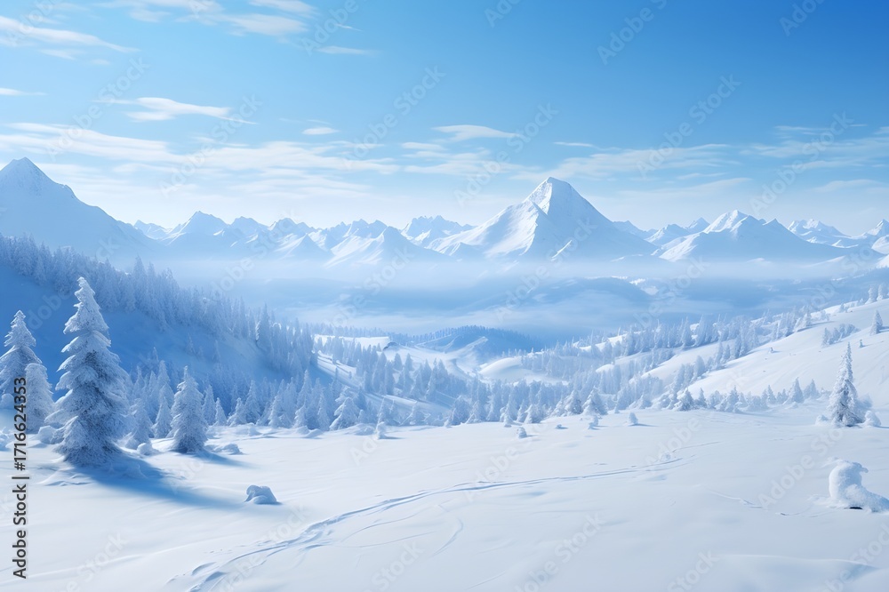 Fototapeta premium Pristine Snow-Covered Winter Landscape | Peaceful Frozen Wilderness and Magical Snowy Wonderland in 8K Ultra High Resolution