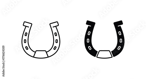 Two simple black and white illustrations of traditional horseshoes are shown