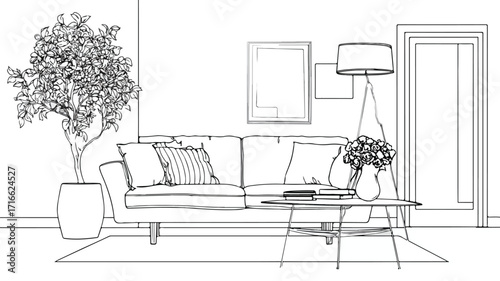 Elegant Continuous Line Art Home Furnishing Decor Illustration