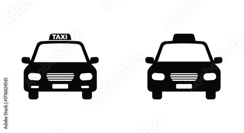 Two black silhouettes of taxi cabs facing forward on a white background