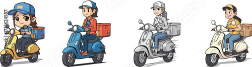 Cartoon delivery girl riding scooter, food courier character on motorbike, fast service illustration, parcel transportation, courier job, express shipping