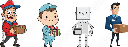 Cartoon delivery men, courier service character, parcel box, gift package, robot courier, professional worker, shipping, logistics, postal service illustration