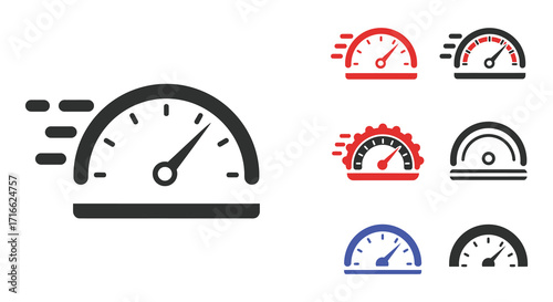 Speedometer icons illustrate measurement velocity and performance indicators in various styles