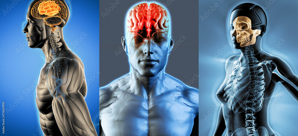 Fototapeta premium AI illustration of human anatomy showing brain activity and skeletal structure in male and female figures. Ideal for medical, educational, or scientific use.