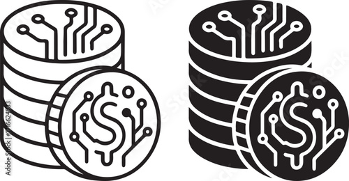 Digital Currency Coin Stack Icon with Circuit Design