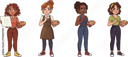 Cartoon female artist with paint palette and brush, creative woman drawing, colorful illustration for art, design, creativity, character, hobby