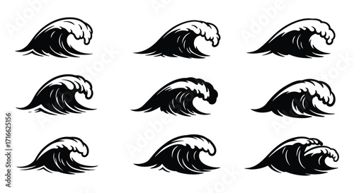 Black and white illustration of ocean waves in a repeating pattern