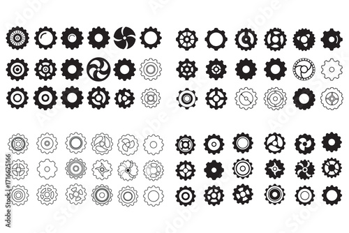 Vector gear icon set, cogwheel collection, industrial machinery symbols, mechanical parts, sprocket shapes, engineering and gearwheel graphics.eps