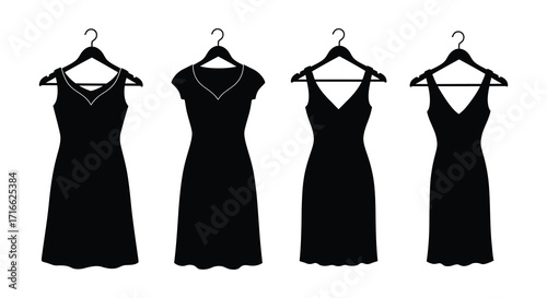 Black silhouettes of four different v neck dresses hanging on hangers