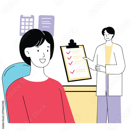 Happy patient reviewing checklist with her doctor in a clinic showing healthcare trust and wellbeing