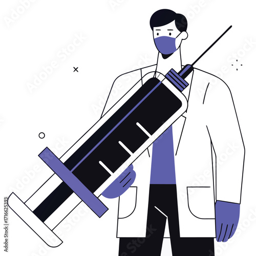 Doctor holding large syringe representing healthcare vaccination and medical treatment