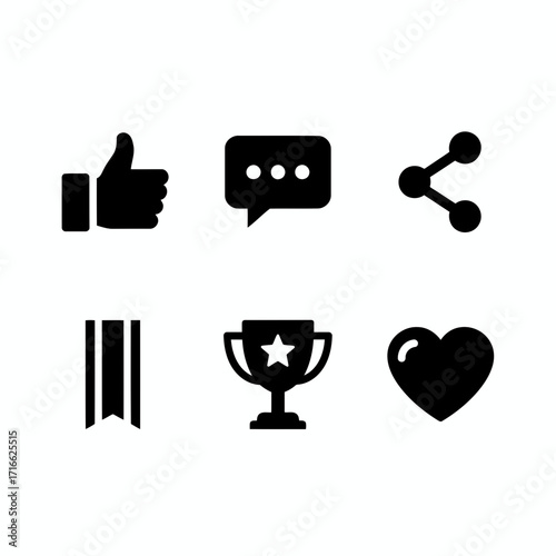 Vector art of social media icons featuring like, comment, share, bookmark, trophy, and heart, perfect for online engagement