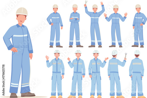 Editable Vector Illustration Series of Construction Workers in Light Blue Uniform Showing Different Emotions and Poses on a Clean White Background.