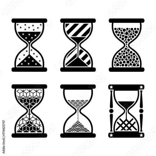 Vector art of collection of six hourglasses with different sand patterns sandglass, sand timer, sand clock, time, countdown, deadline
