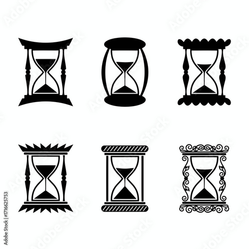 Vector art of set of six hourglasses with different designs sandglass, sand timer, sand clock, time, countdown, deadline, measurement