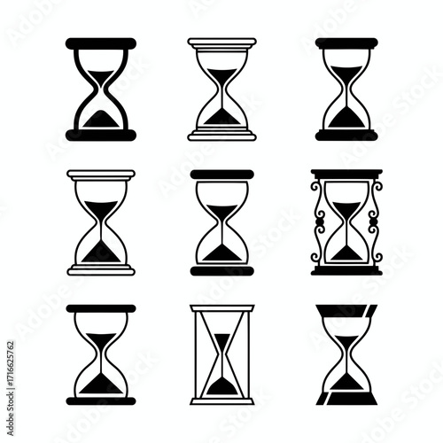 Vector art of set of various hourglass designs collection of different styles and shapes for representing time and deadlines