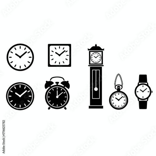 Vector art of collection of various clock designs different styles of timepieces including wristwatches and grandfather clock