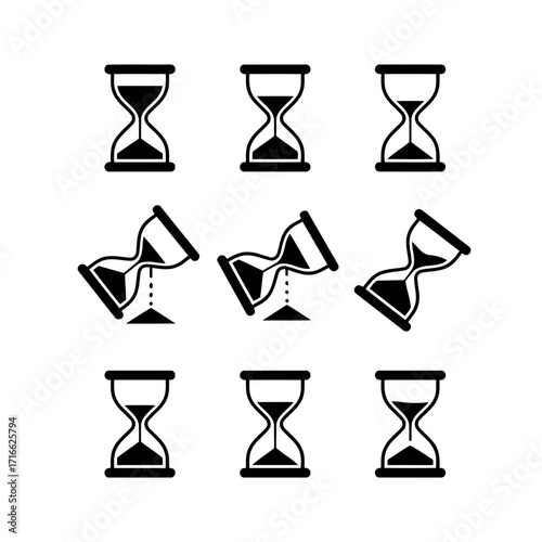 Vector art of collection of hourglass icons in various positions symbol of time, deadline, and the transience of life in simple style