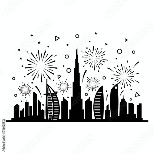 Vector art of silhouette of dubai skyline with fireworks, capturing the essence of the citys architectural marvels and festive atmosphere