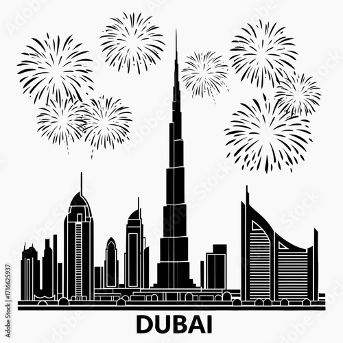 Vector art of dubai skyline silhouette with fireworks, capturing the essence of the citys modern architecture and vibrant spirit