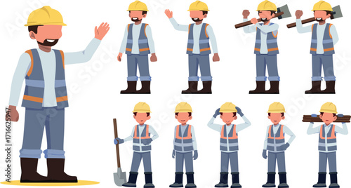Editable Cartoon Flat Vector Illustration of a Diverse Team of Construction Workers in Hard Hats Showing Various Job Tasks and Roles.