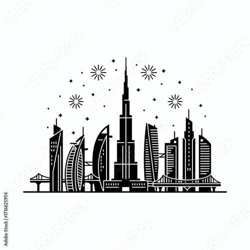 Vector art of dubai skyline, showcasing iconic landmarks and modern architecture, creating a captivating cityscape view in black and white