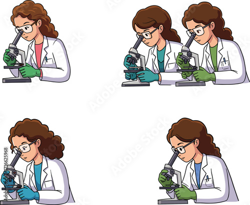 Cartoon female scientists using microscope in laboratory, medical researchers working in lab, biology research, science experiment, education illustration
