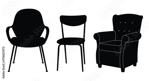 Silhouettes of three distinct chairs against a plain white background