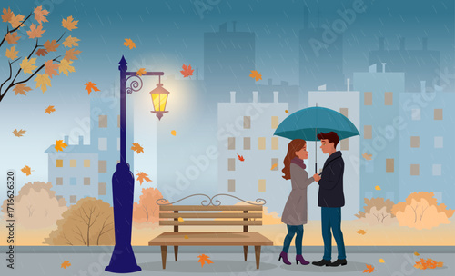 Couple, guy and girl, standing under umbrella, rainy autumn evening street, lantern, bench, falling leaves, city buildings on background. For postcards, posters, seasonal design. Vector illustration.