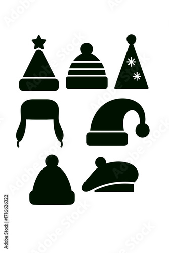 Vector art of collection of winter hats, including beanies, berets, santa hats, and trapper hats in a simple black silhouette