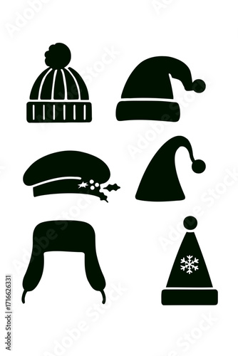 Vector art of assortment of winter hats, featuring beanies, berets, trapper hats, and santa hats in a clean black silhouette