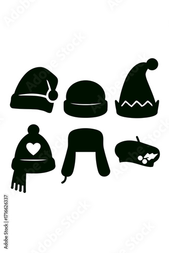 Vector art of selection of winter hats, including beanies, berets, trapper hats, and santa hats in a stark black silhouette