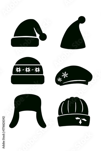 Vector art of collection of six black winter hats, including santa hat, beret, trapper hat, and other styles for cold weather