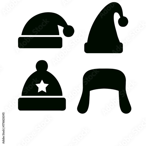 Vector art of collection of festive winter hats silhouette, including santa, winter, and trapper hat for holiday designs